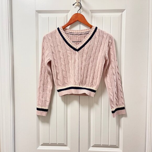Cropped Cable Knit V-Neck Sweater Pink Navy - XS - Picture 1 of 12